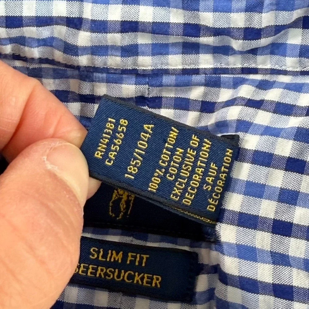 Polo Ralph Lauren Slim Fit Seersucker Shirt in Blue Gingham Check Men XL Pony